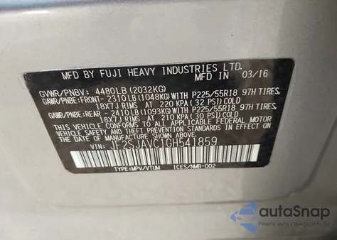 2016 Subaru Forester 2.5I Touring from USA, damaged, VIN JF2SJAVC1GH541859